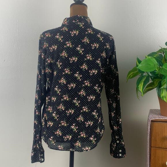Forever 21 Black Floral Collared Buttoned Long Sleeve Cotton Blouse Size Medium - Picture 3 of 6